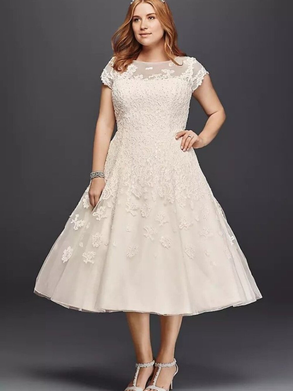 Oleg Cassini Cap Sleeve Illusion Neck Tea-Length Wedding Dress Ivory 16W NWT